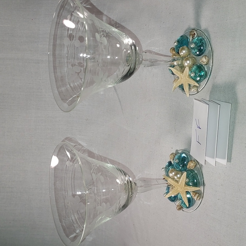Handmade Shell Art Wine Glasses Dessert Glasses Set of 2 Floral Etched Design